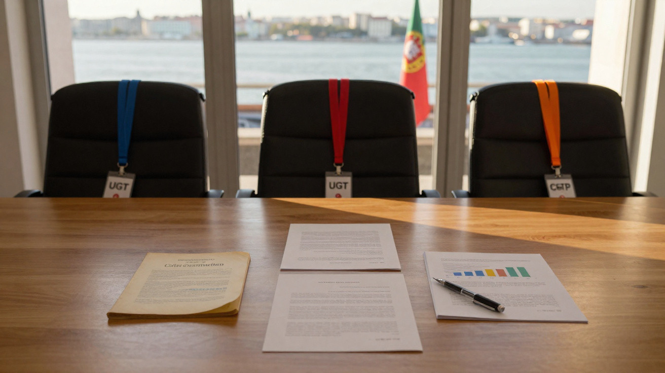 Mesa de reunião com documentos, caneta, três cadeiras com crachás e vista da cidade ao fundo.