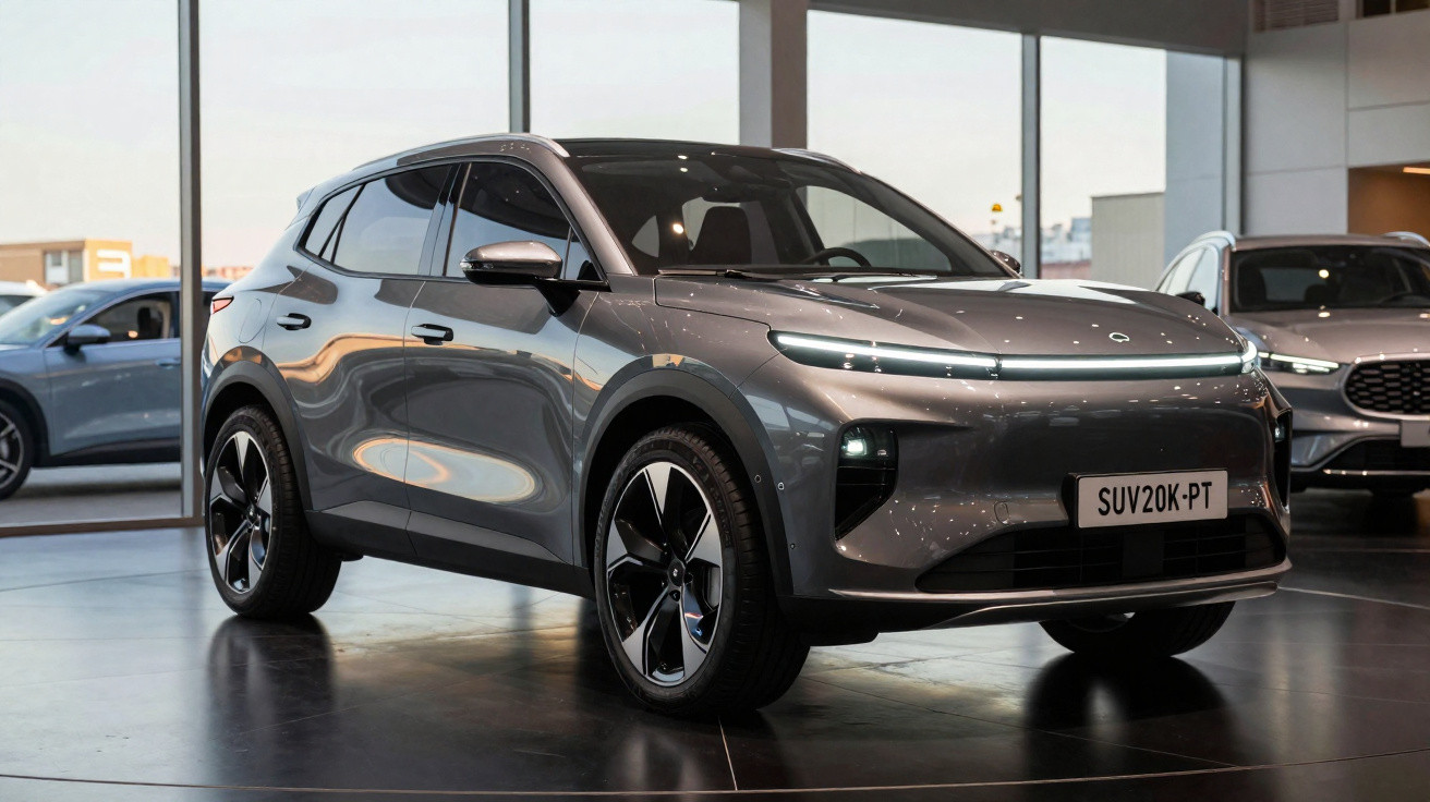 SUV elétrico cinzento estacionado dentro de uma sala de exposição moderna com janelas grandes.