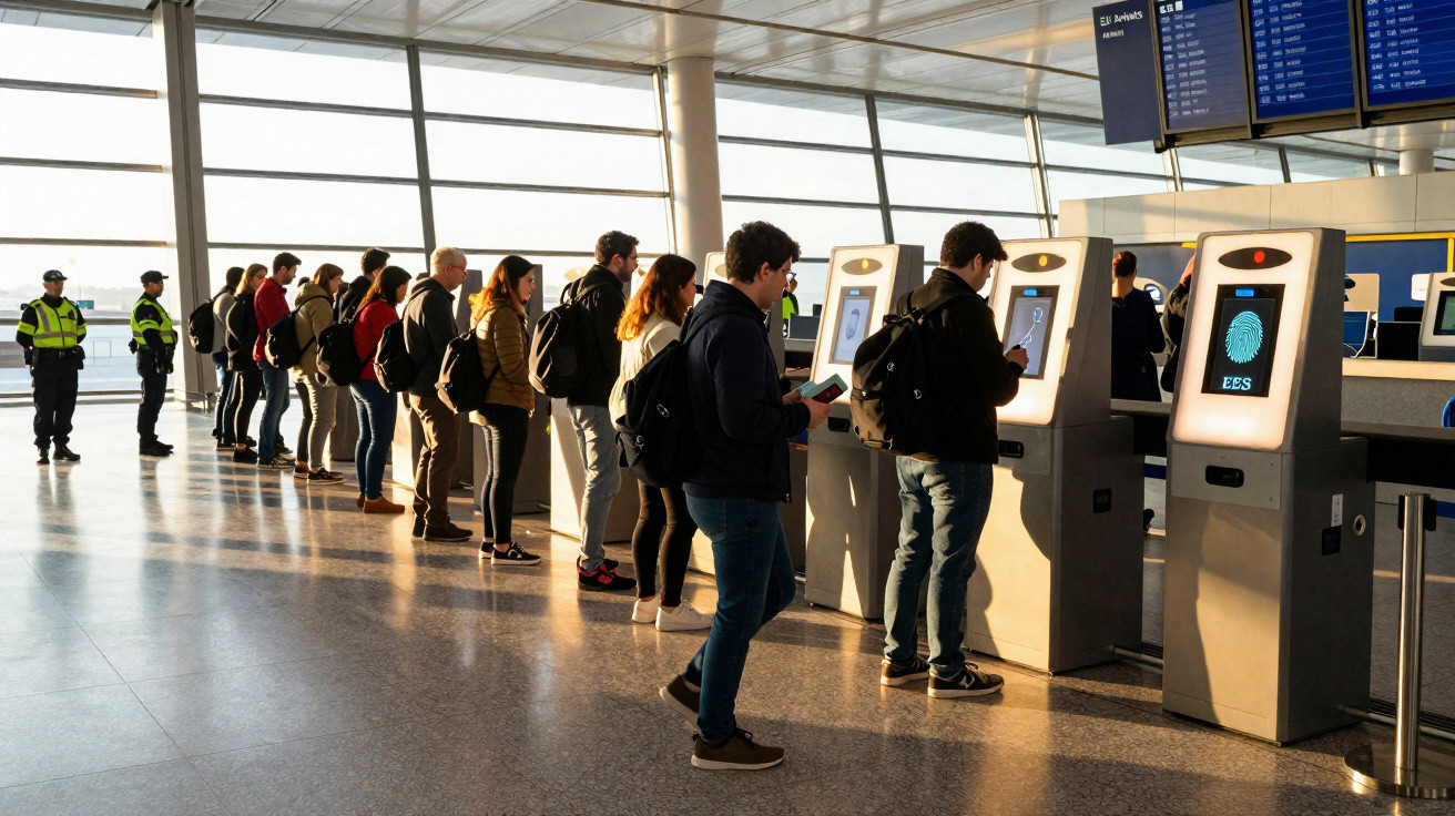 Passageiros fazem fila para usar quiosques de check-in automático na zona de chegadas da UE no aeroporto.