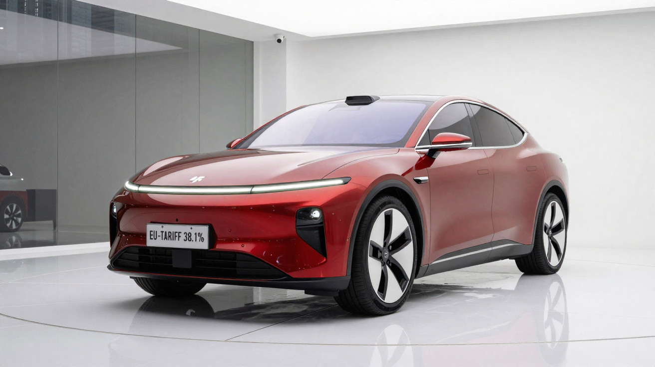 Automóvel elétrico vermelho estacionado num espaço moderno e minimalista branco.