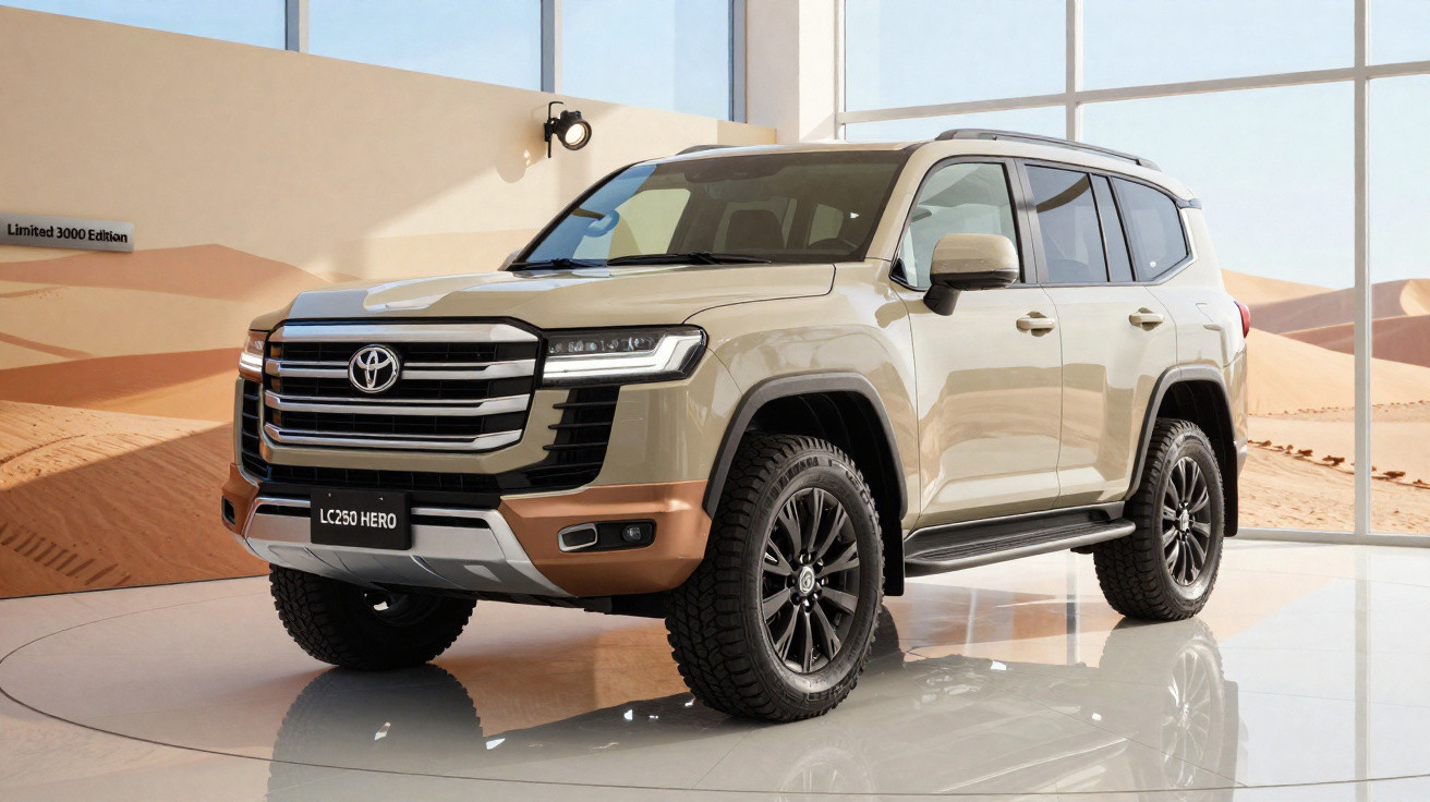 Toyota Land Cruiser LC250 Hero bege e castanho em exposição num showroom moderno.