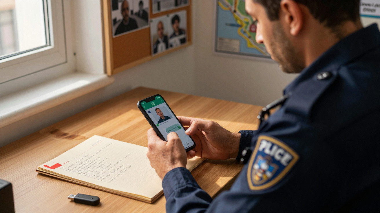 Polícia sentado à secretária a olhar para o ecrã do telemóvel com a fotografia de um suspeito.