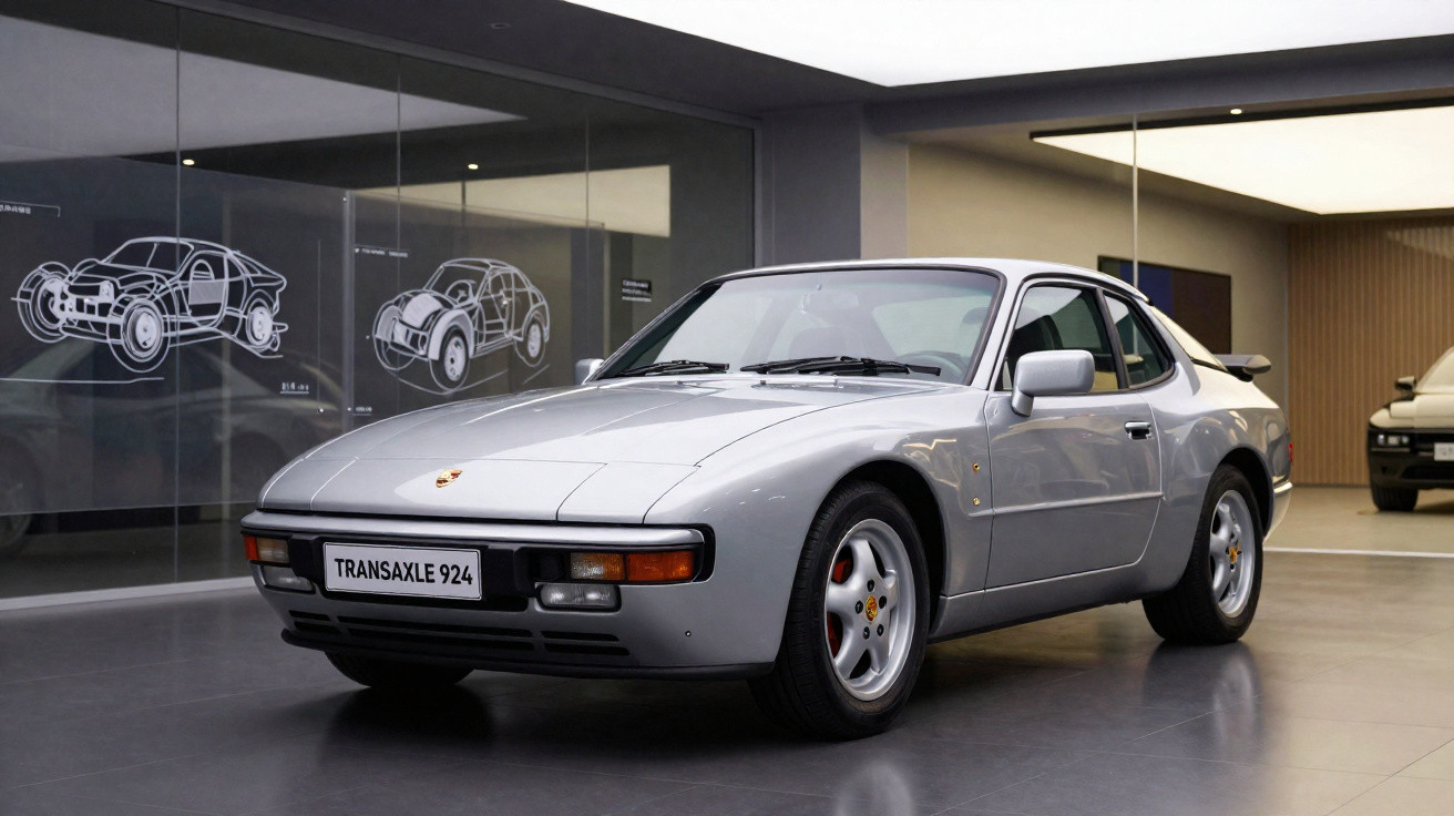 Carro desportivo Porsche Transaxle 924 cinzento em exposição num showroom moderno.