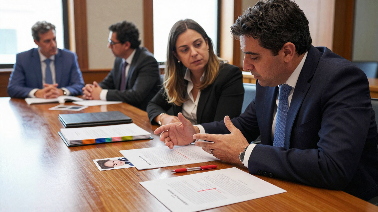 Quatro pessoas em reunião de negócios à volta de uma mesa com documentos e pastas.