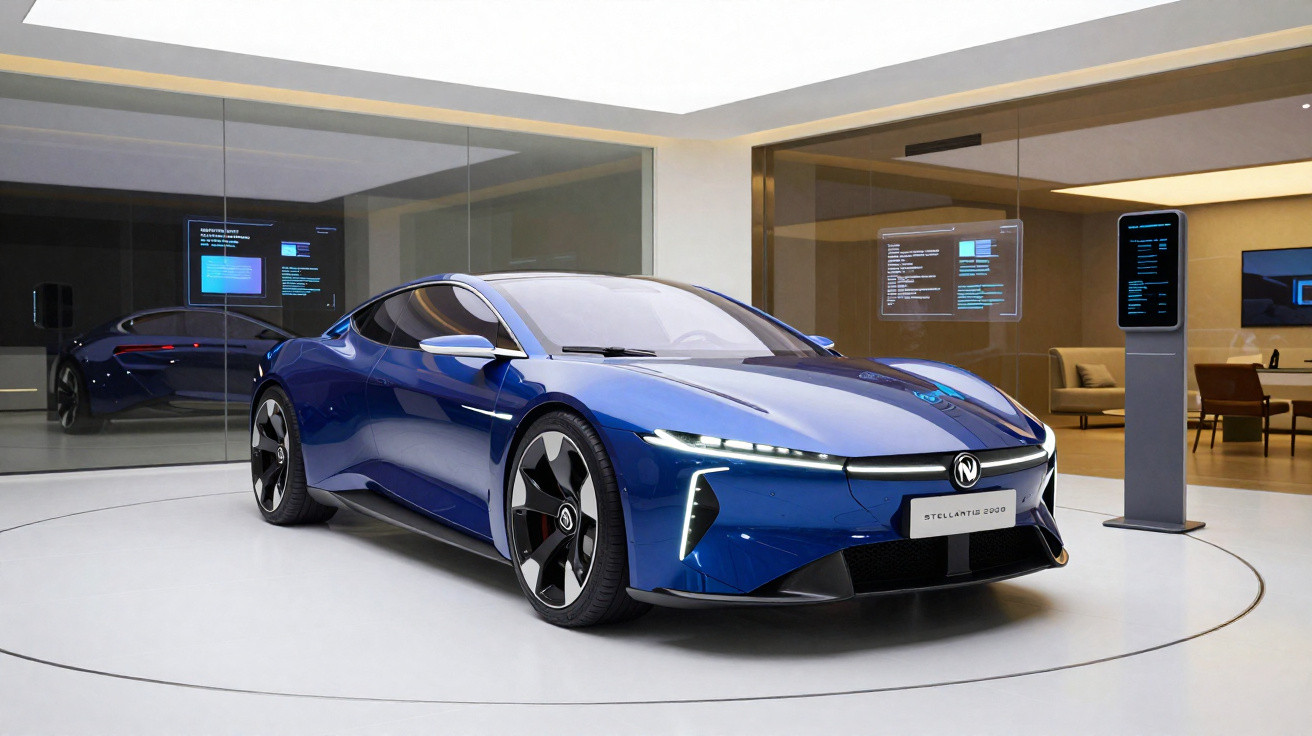 Carro desportivo azul brilhante Stellantis 2023 em exposição moderna com ecrãs digitais.