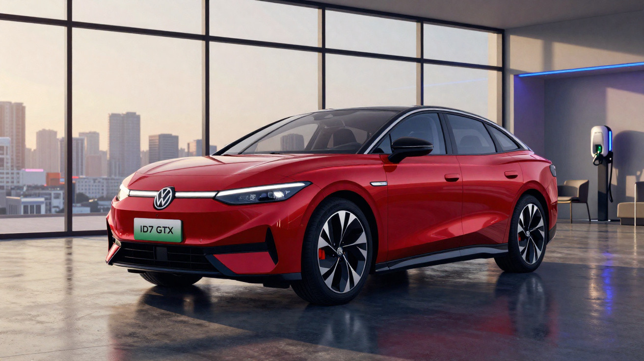 Carro elétrico Volkswagen ID.7 GTX vermelho estacionado num salão moderno com janelas amplas.