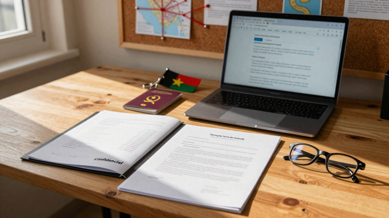 Mesa de trabalho com computador portátil, documentos, óculos e porta-cartões com bandeira do Camarões.