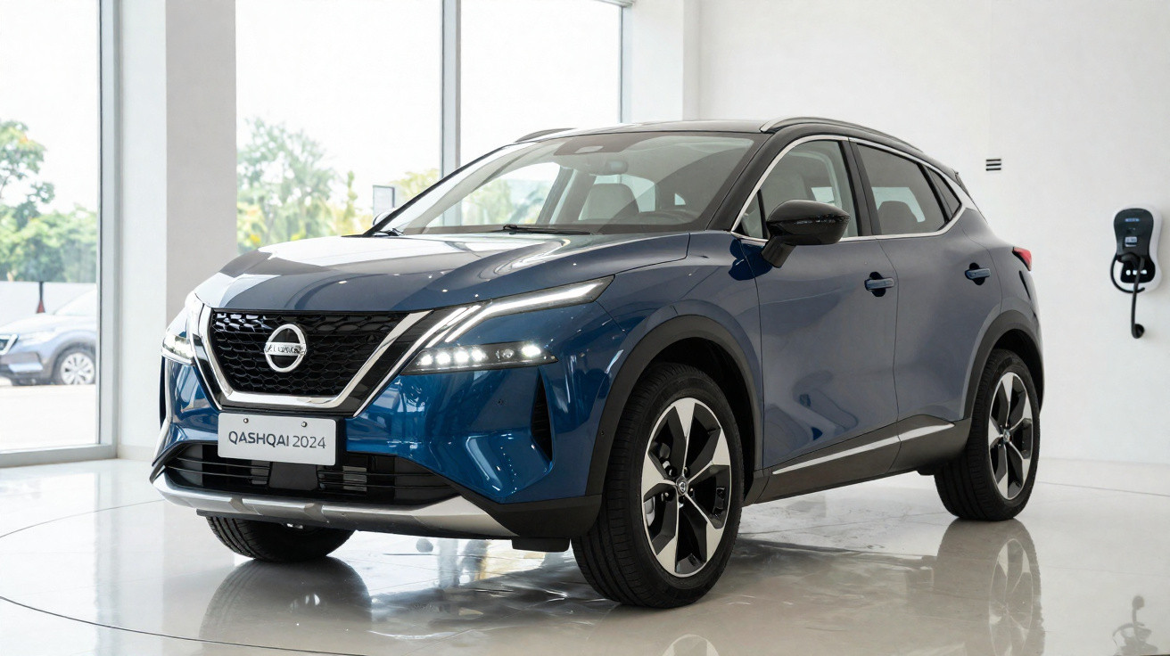 Nissan Qashqai 2024 azul elétrico carregando numa estação de carregamento interior moderna.