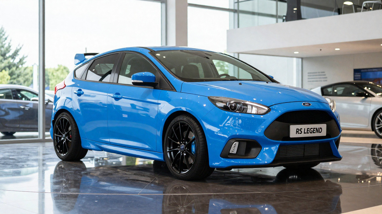 Carro desportivo azul Ford RS Legend estacionado em interior de showroom com janelas amplas.