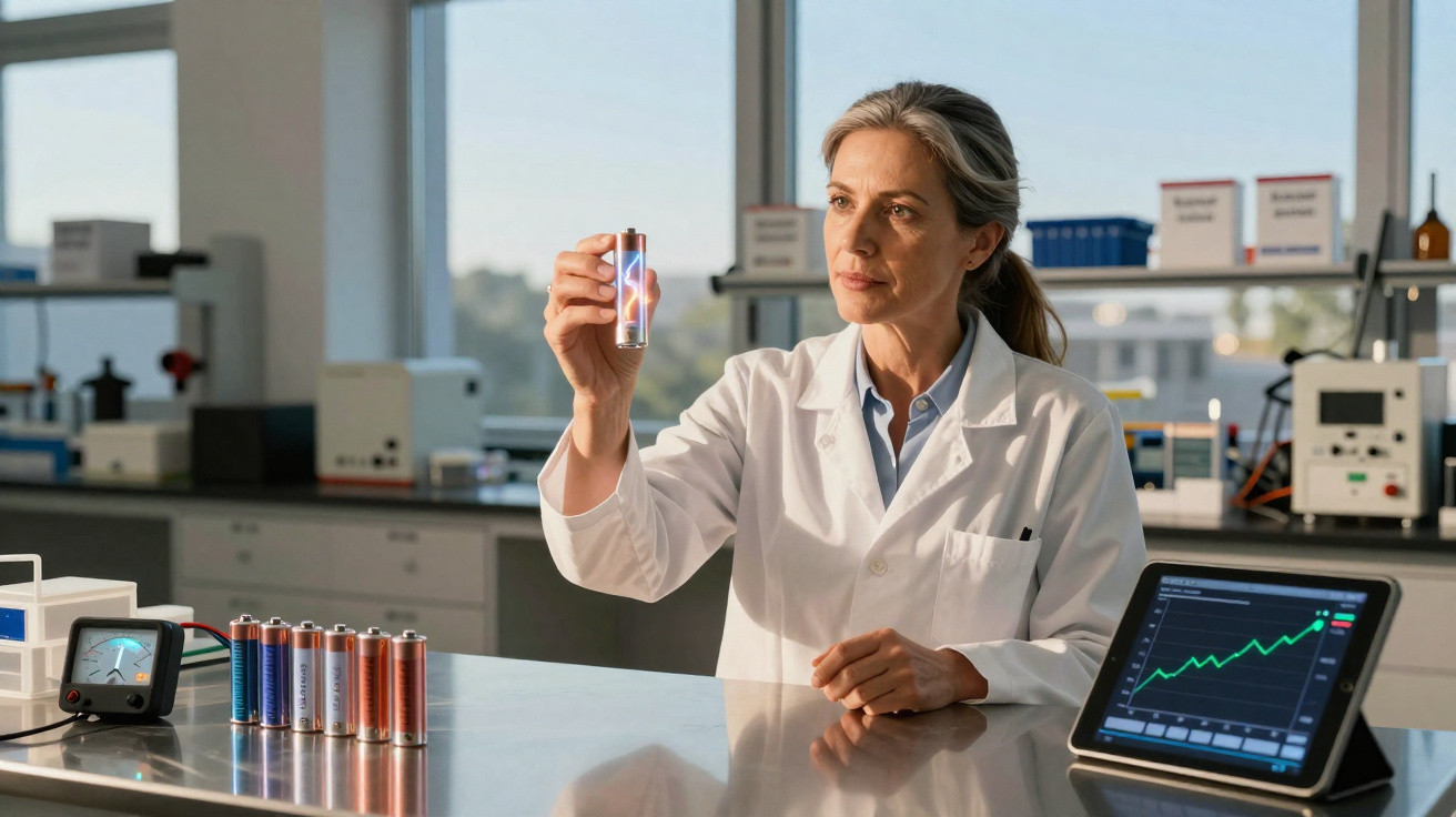 Cientista a analisar teste com reação elétrica num tubo de ensaio num laboratório moderno.