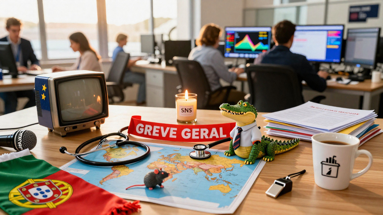 Mesa de escritório com itens como faixa "Greve Geral", bandeira de Portugal, microfone, estetoscópio e pessoas ao fundo.