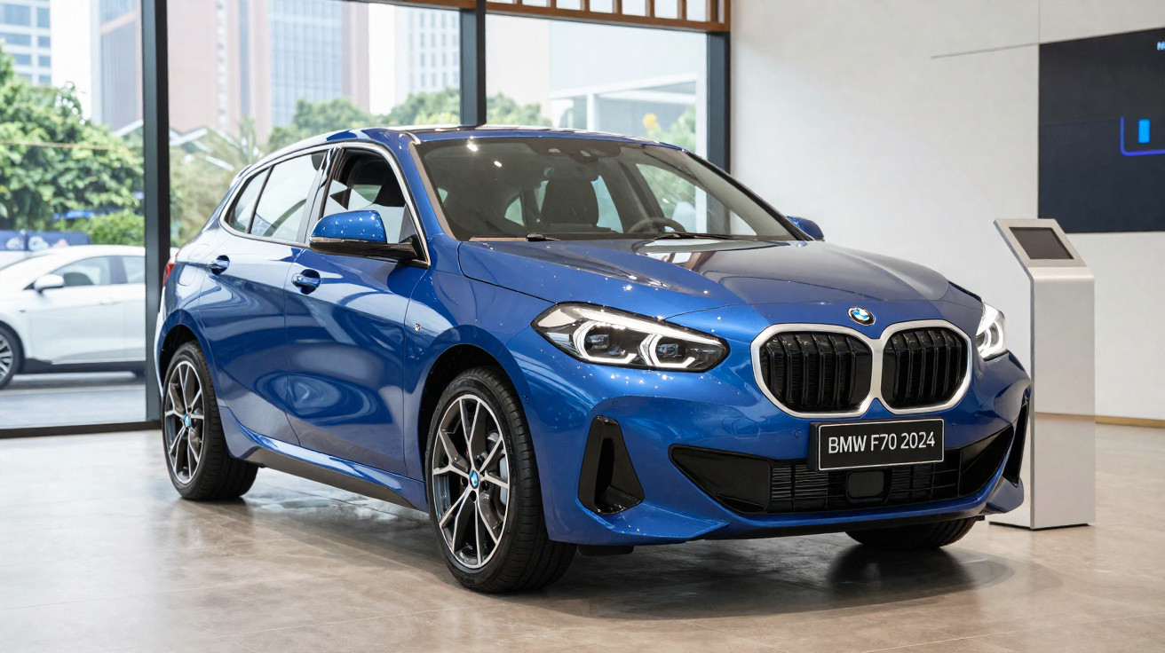 Carro BMW F70 2024 azul brilhante em exposição interior com jantes de liga leve e faróis modernos.