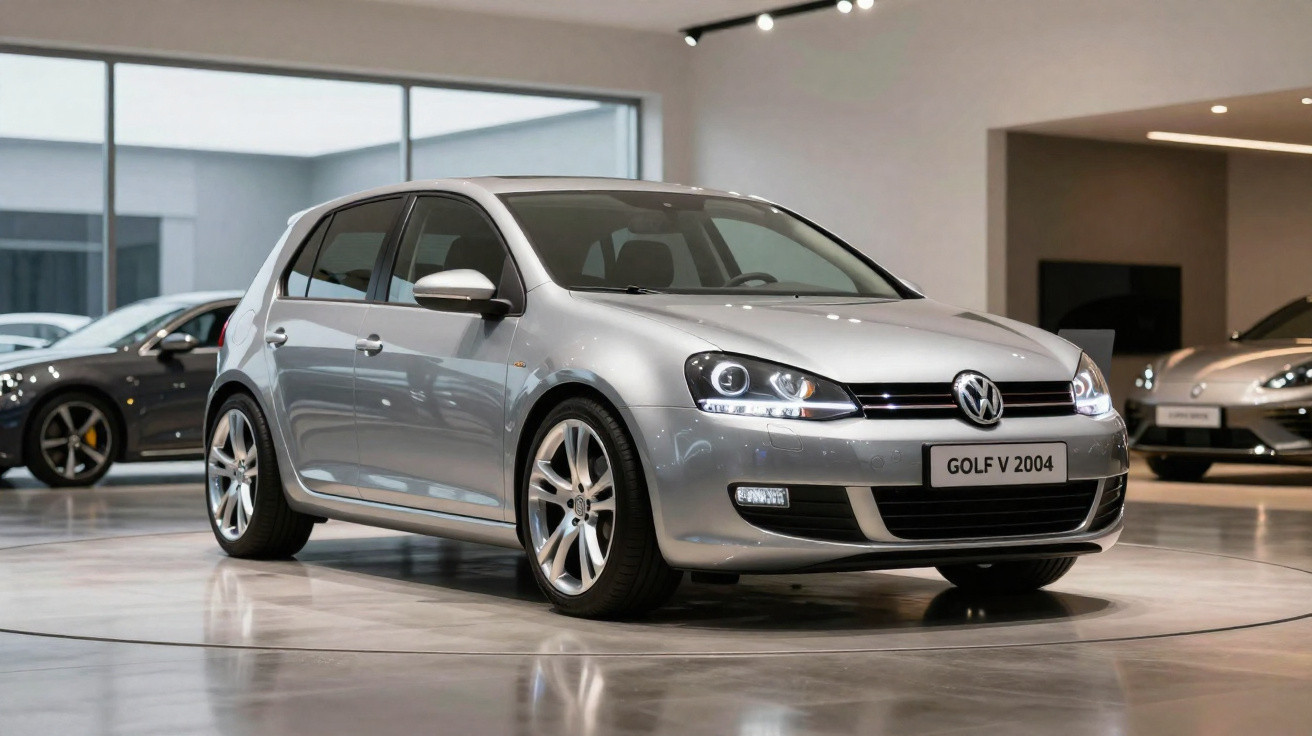 Carro Volkswagen Golf V 2004 cinza exposto num showroom moderno com iluminação suave.