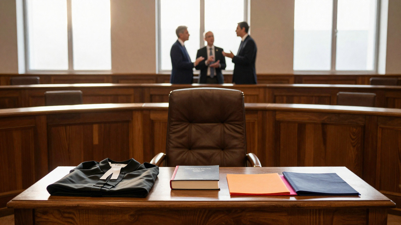 Sala de tribunal com cadeira de juiz, livro de leis, documentos e três homens em conversa ao fundo.