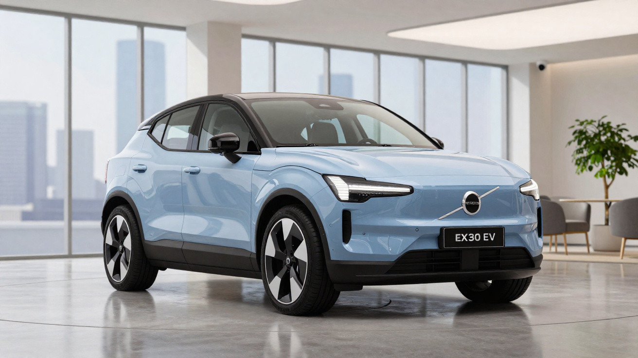 Carro elétrico Volvo EX30 EV azul claro estacionado em espaço interior moderno com janelas grandes.