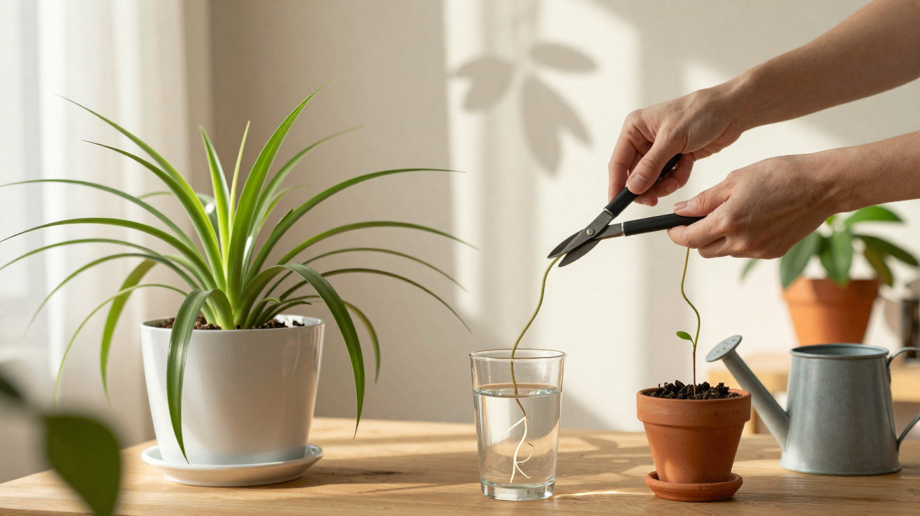 Mão a transplantar rebento de planta do copo de água para vaso de barro ao lado de regador metálico cinzento.