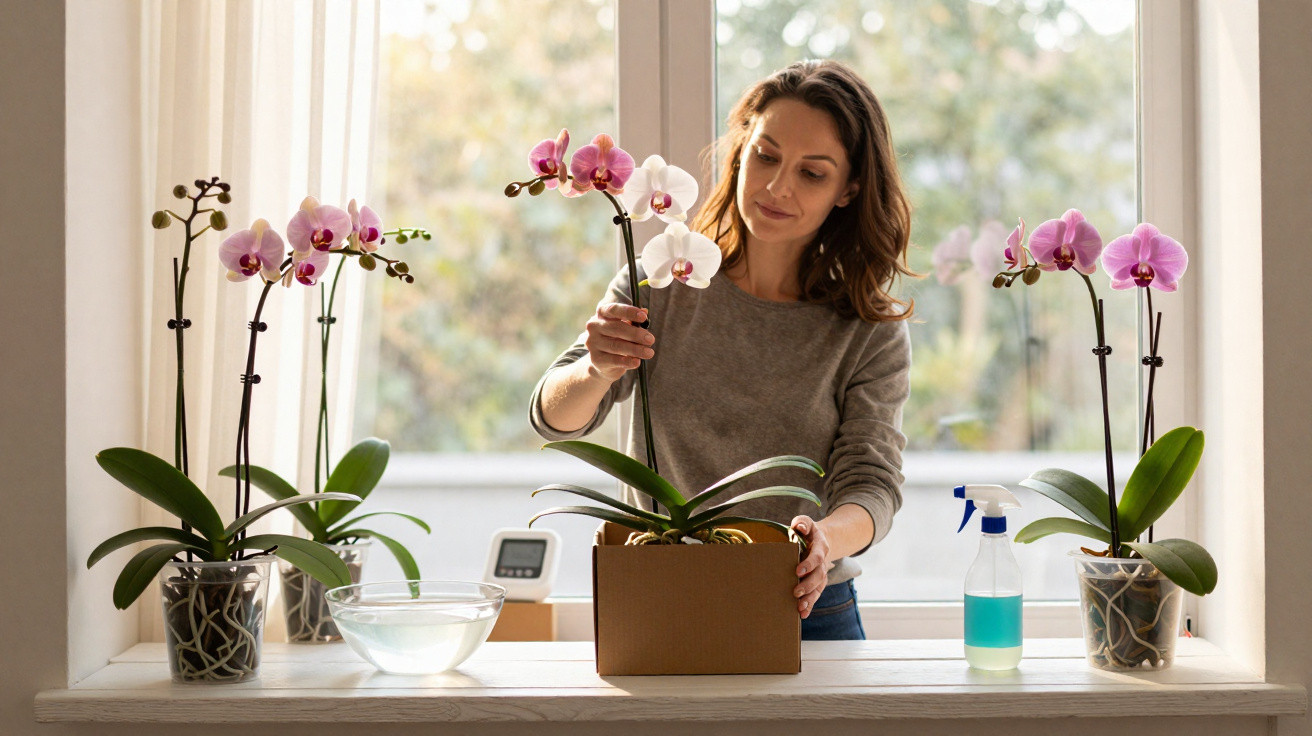 Mulher a cuidar de orquídeas em vaso junto à janela numa cozinha iluminada naturalmente.