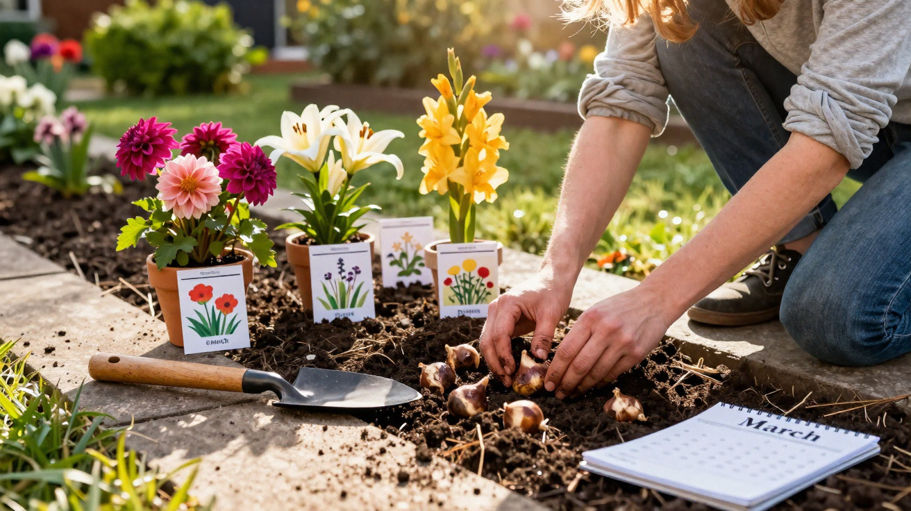 Pessoa a plantar bolbos de flores em vaso no jardim, com calendário e enxada ao lado.
