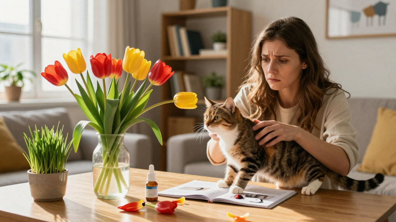 Mulher preocupada segurando gato numa mesa com flores, livro e medicamentos numa sala acolhedora.
