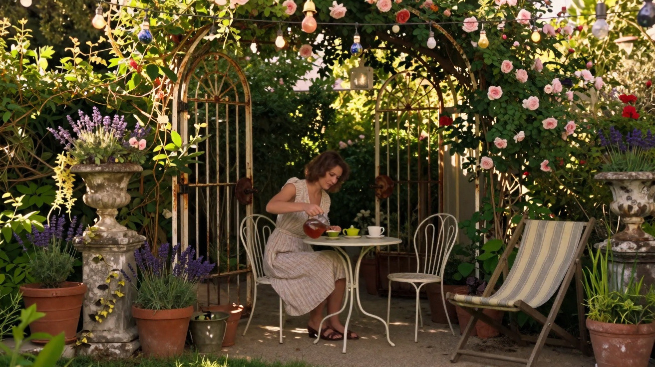 Mulher a servir chá num jardim com flores e cadeiras metálicas brancas, ao entardecer.