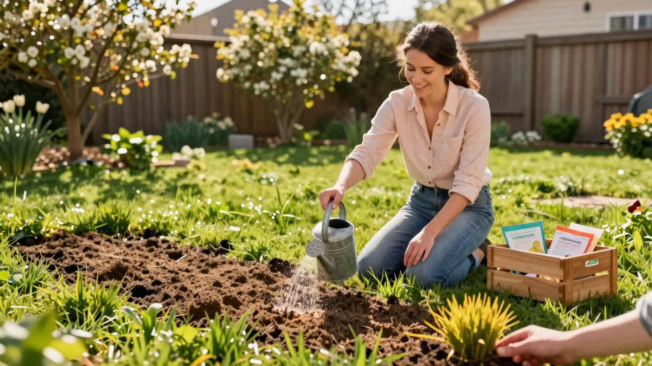 Mulher jovem a regar plantas num jardim ensolarado com pacotes de sementes numa caixa ao lado.