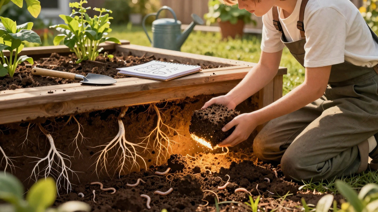 Pessoa a segurar torrão de terra com raízes luminosas num canteiro de jardim com minhocas e ferramenta.
