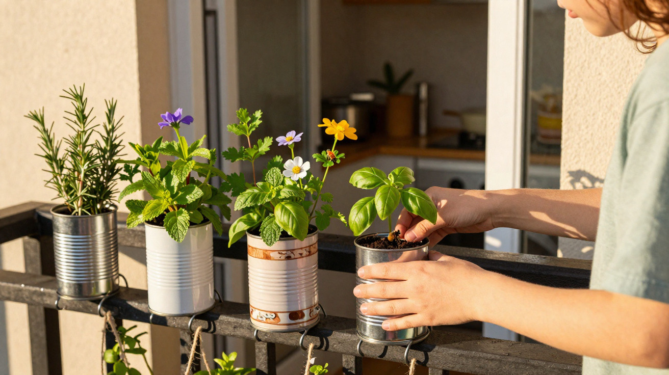 Mãos a cuidar de plantas aromáticas em latas reutilizadas numa varanda soalheira.