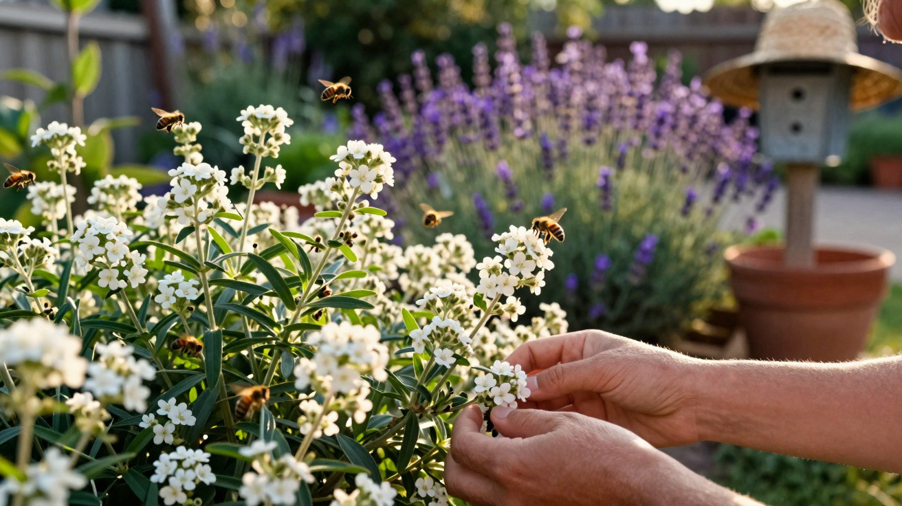 Mãos a cuidar de flores brancas num jardim com abelhas a voar e lavanda ao fundo.