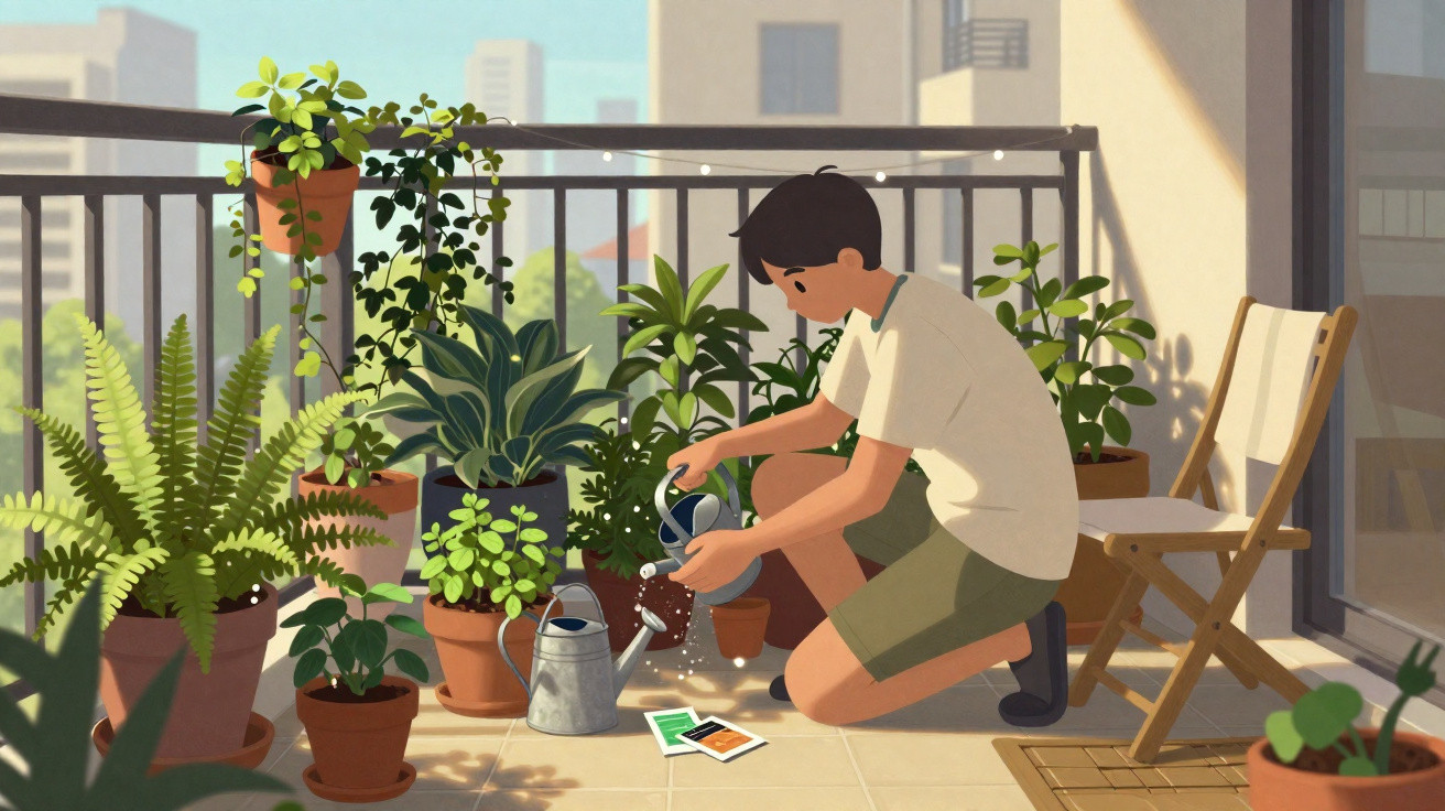 Jovem rega plantas numa varanda ensolarada com diversos vasos e uma cadeira dobrável ao lado.