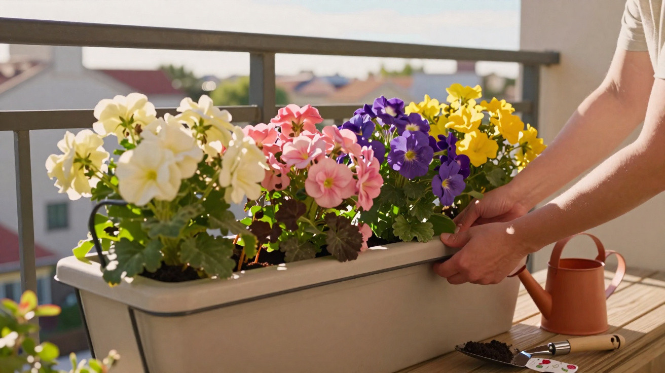 Mãos a cuidar de vaso retangular com flores amarelas, rosas e roxas numa varanda ensolarada.