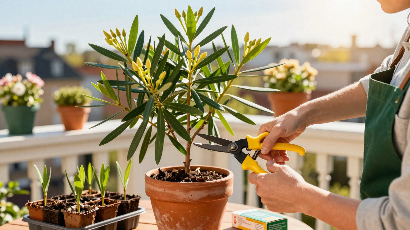Pessoa a podar planta em vaso terracota numa varanda com várias plantas em vasos ao sol.