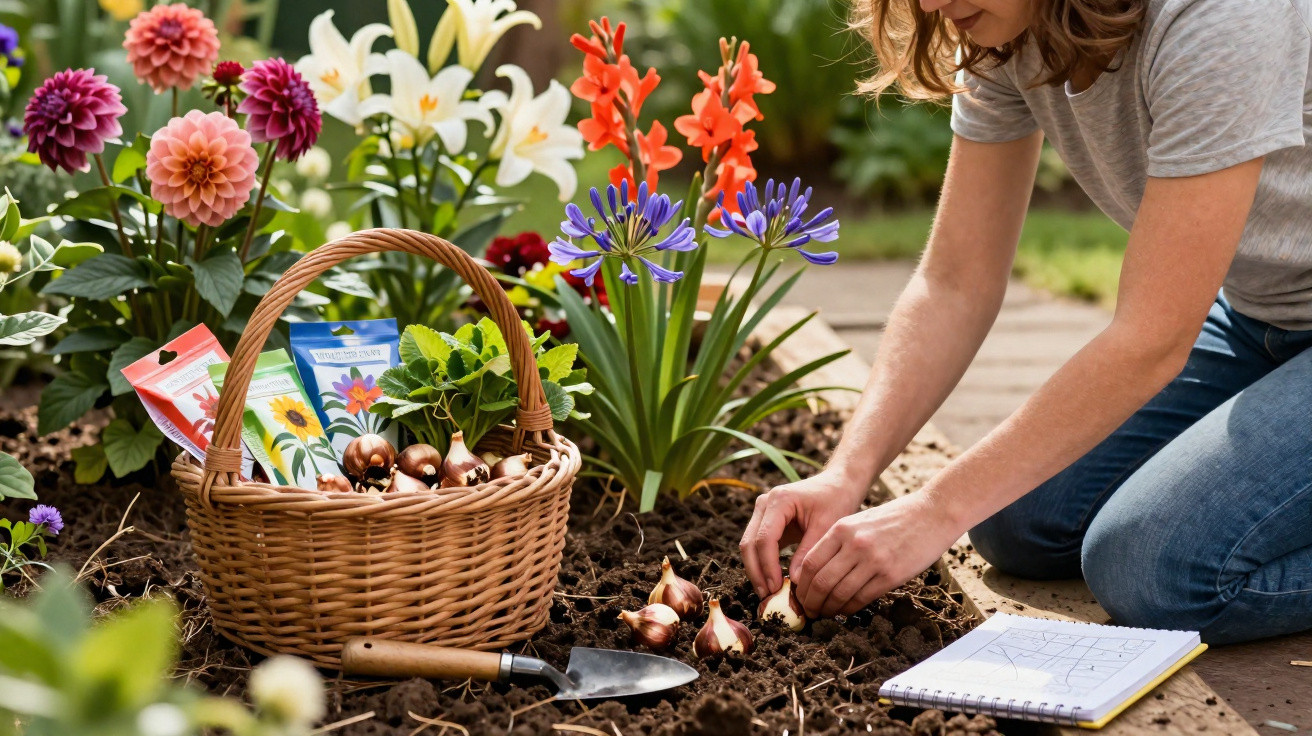 Mulher a plantar cebolas num jardim florido com ferramentas, sementes e caderno ao lado.