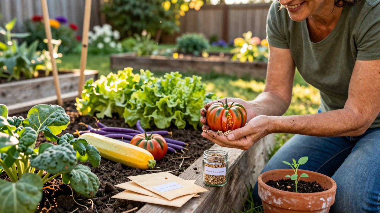 Mulher a colher tomate numa horta com legumes frescos e sementes em envelopes junto a um vaso com planta.
