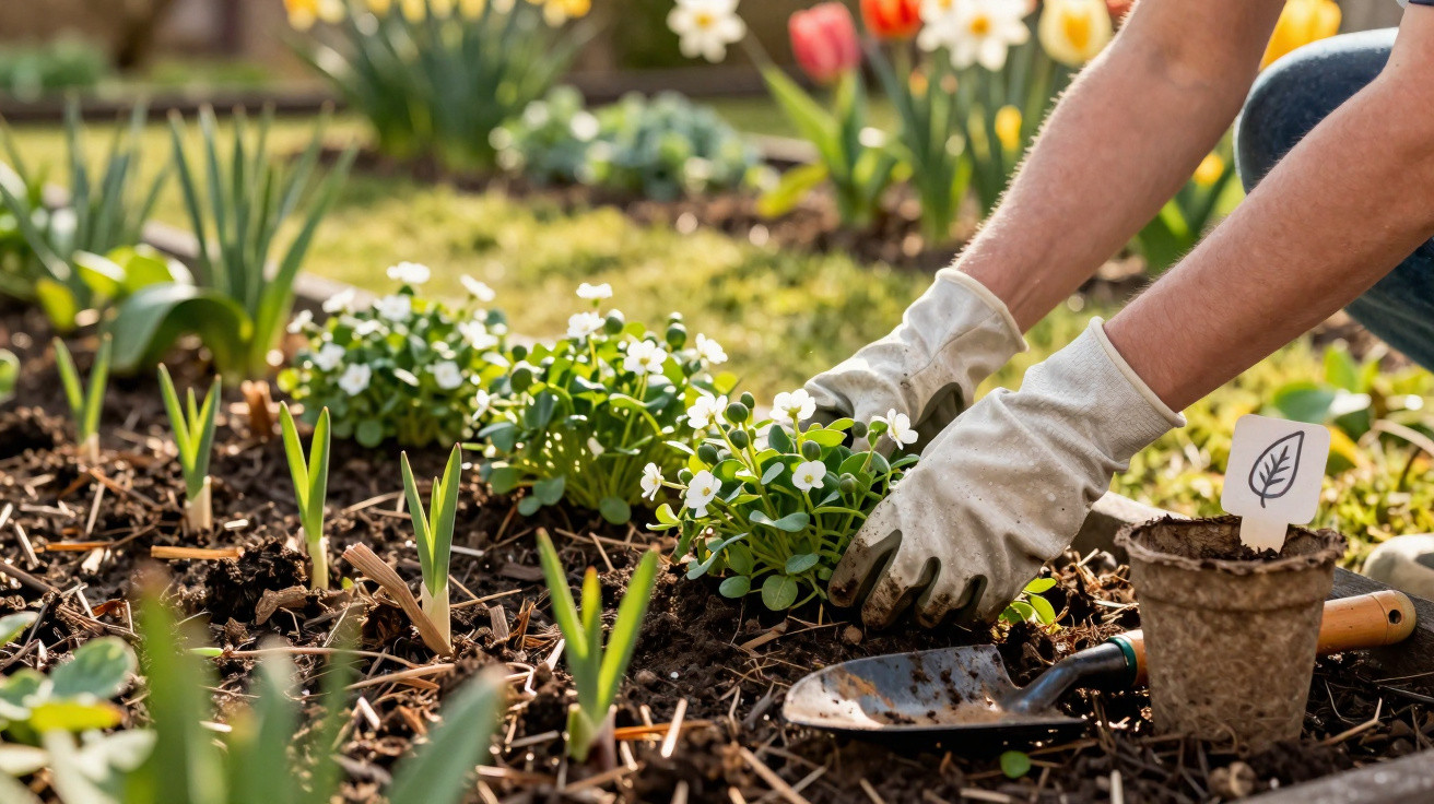 Pessoa a plantar flores brancas no jardim com luvas e ferramentas de jardinagem ao lado.