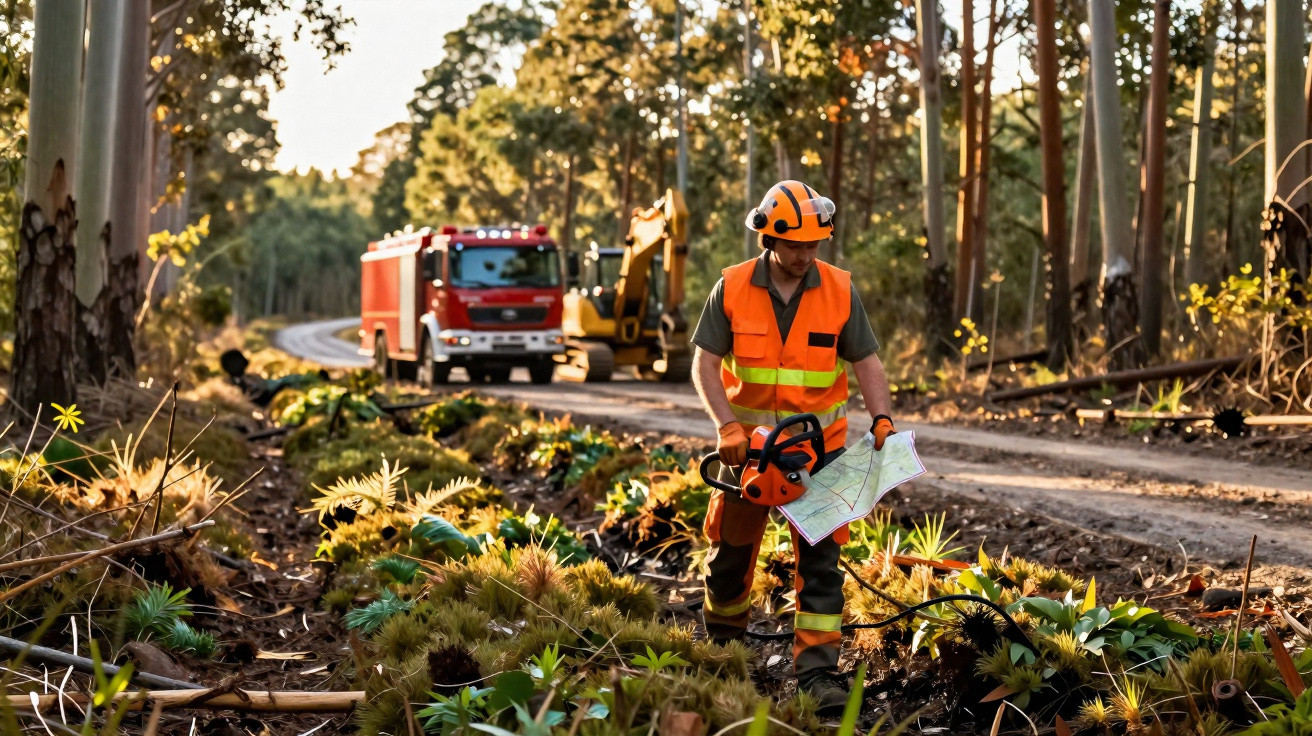 Trabalhador florestal com capacete e colete laranja consulta mapa numa área desmatada com máquinas e camião ao fundo.