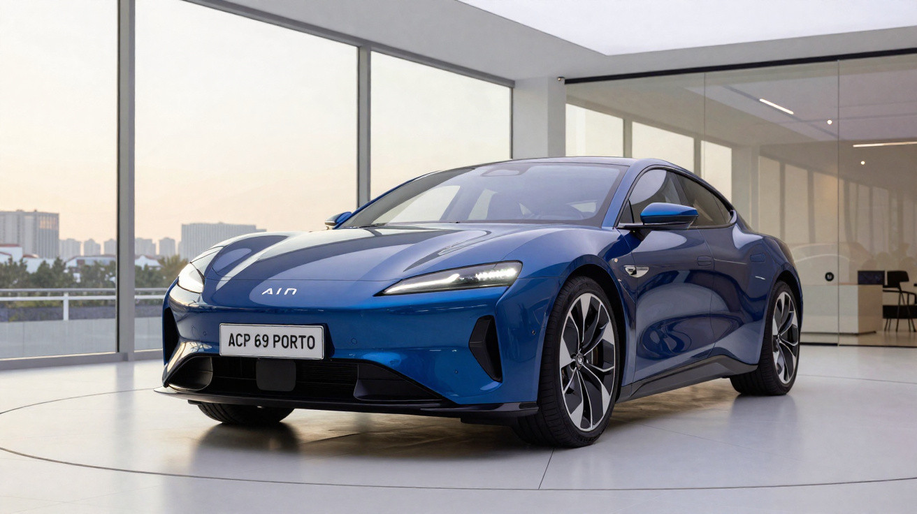 Carro eléctrico azul moderno estacionado numa sala ampla com grandes janelas e vista urbana ao pôr do sol.