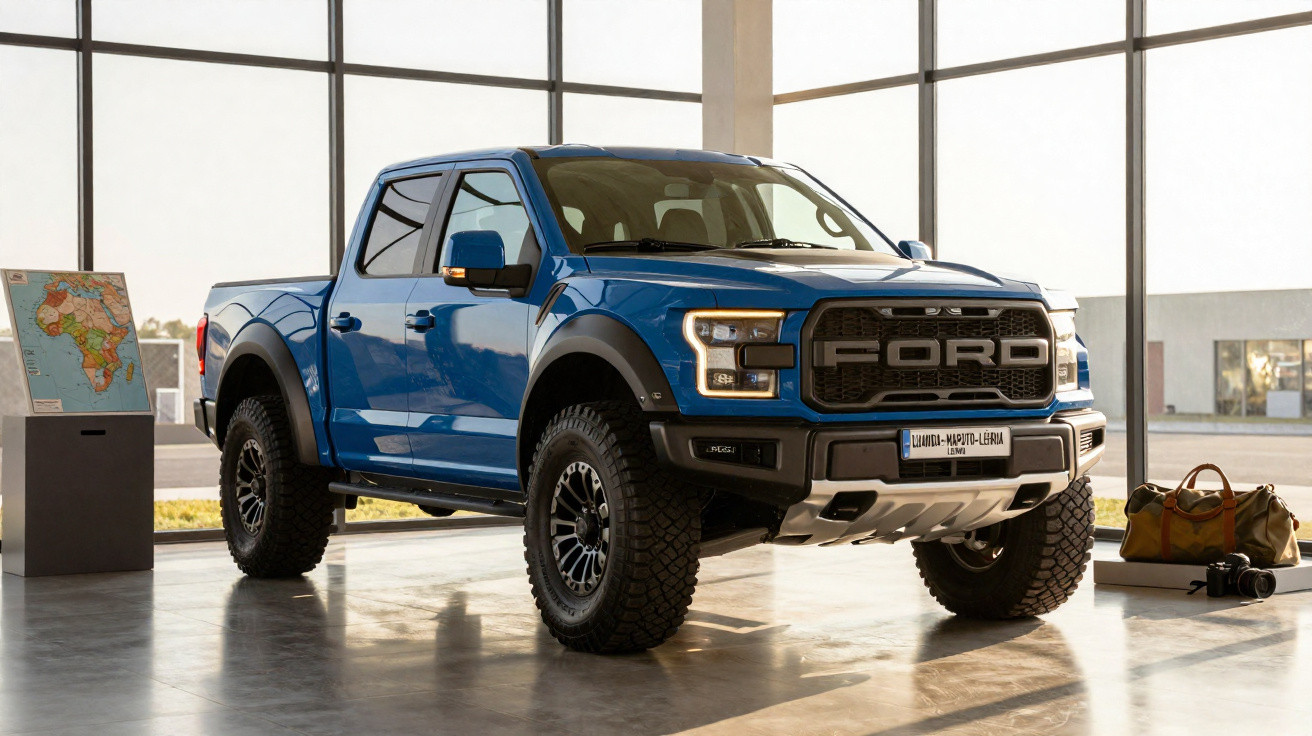 Pick-up Ford azul estacionada em ambiente interior moderno com janelas grandes e objetos de viagem.