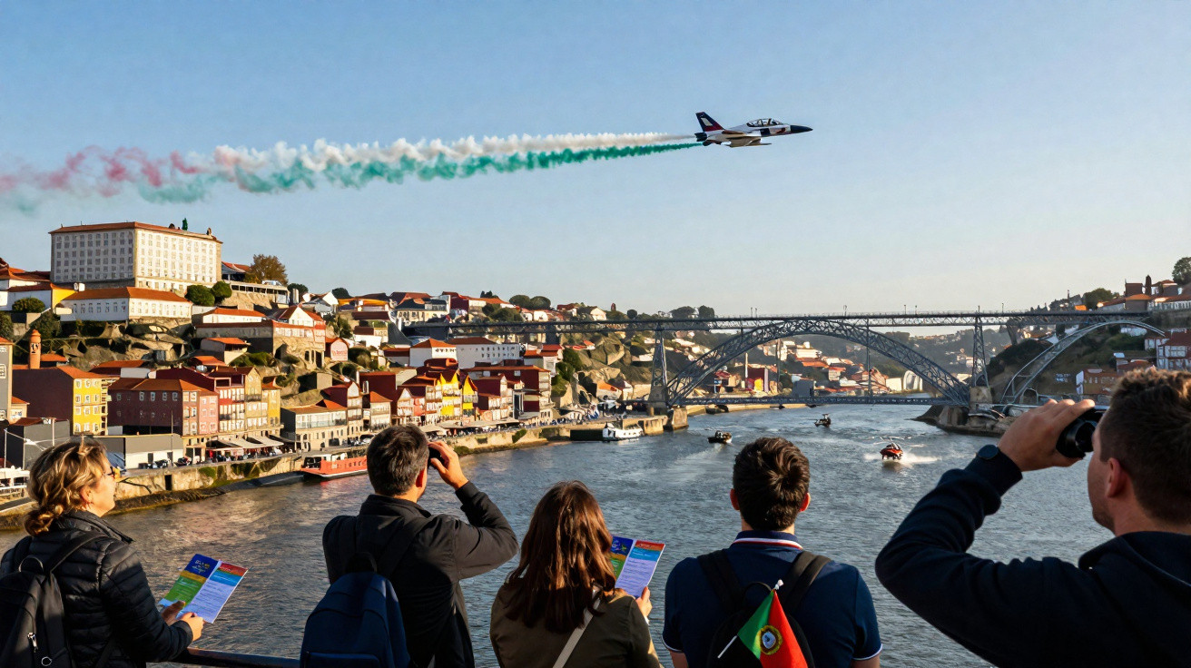 Avião a sobrevoar o rio Douro em Porto, com fumo nas cores da bandeira de Itália e pessoas a observar.