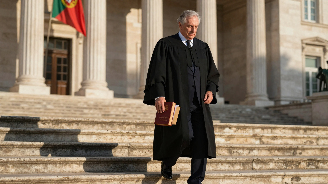 Homem de fato e toga preta desce escadaria de prédio oficial com bandeira de Portugal ao fundo.