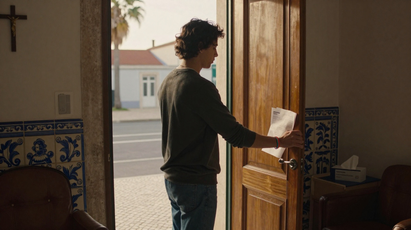 Homem abre porta de casa segurando envelope, numa sala com sofá castanho e azulejos portugueses.