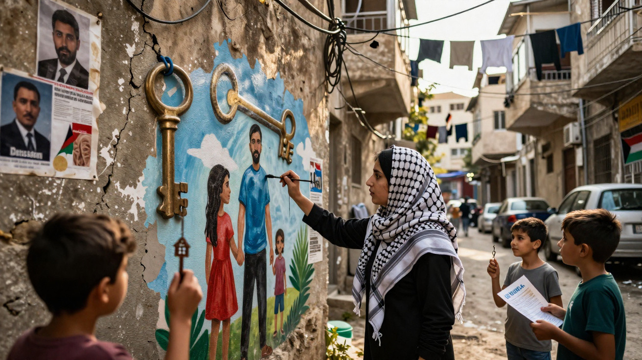 Mulher pinta mural com chave dourada e crianças observam em rua urbana com roupas estendidas ao fundo.