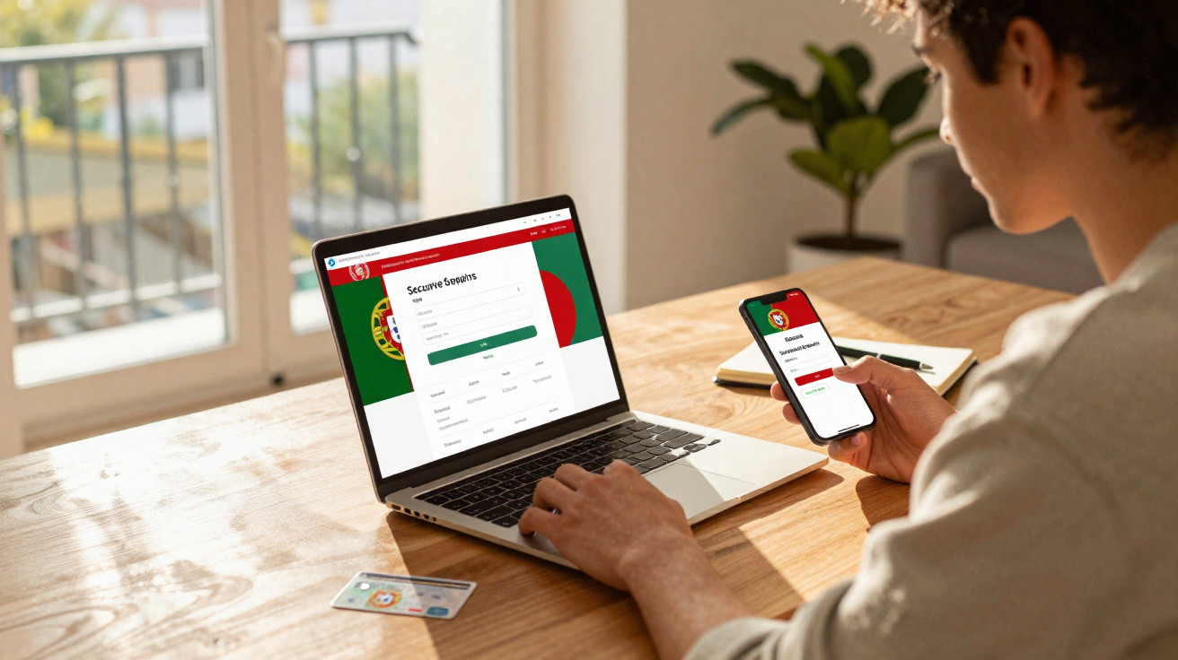 Pessoa a iniciar sessão numa plataforma online com bandeira de Portugal num computador portátil e smartphone.