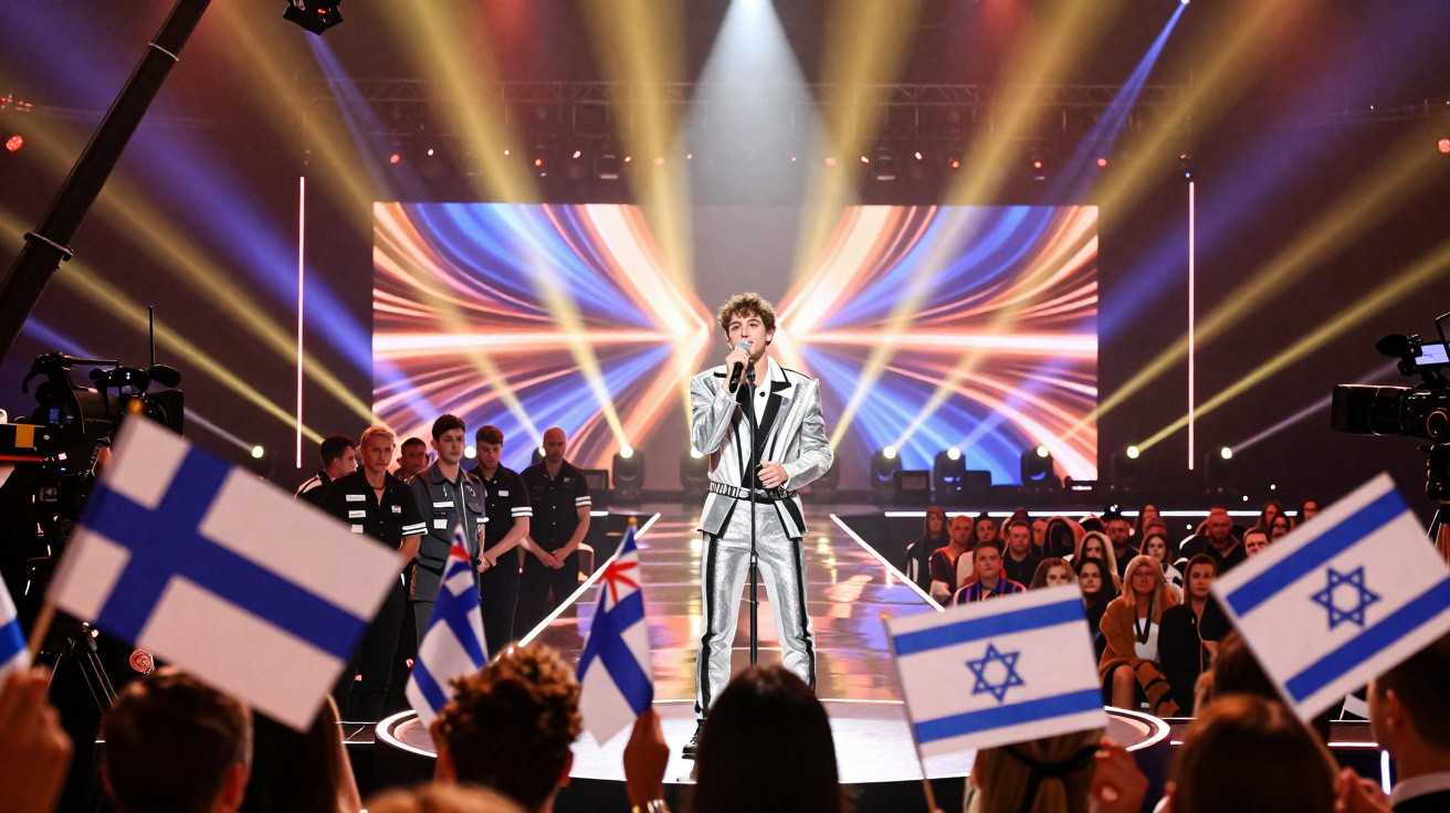 Cantor jovem em palco iluminado, com público a acenar bandeiras da Finlândia, Grécia e Israel.