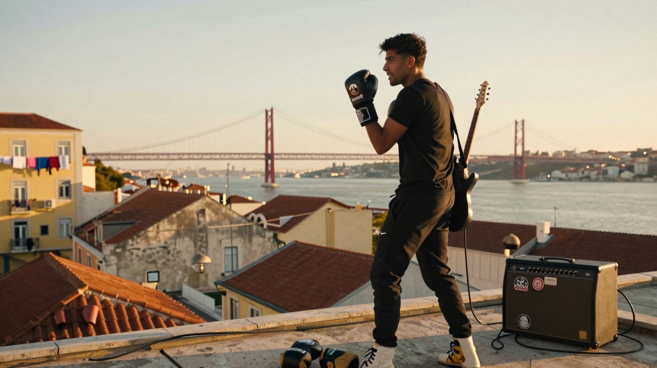 Jovem com luvas de boxe e guitarra elétrica num terraço com vista para a ponte 25 de Abril em Lisboa.