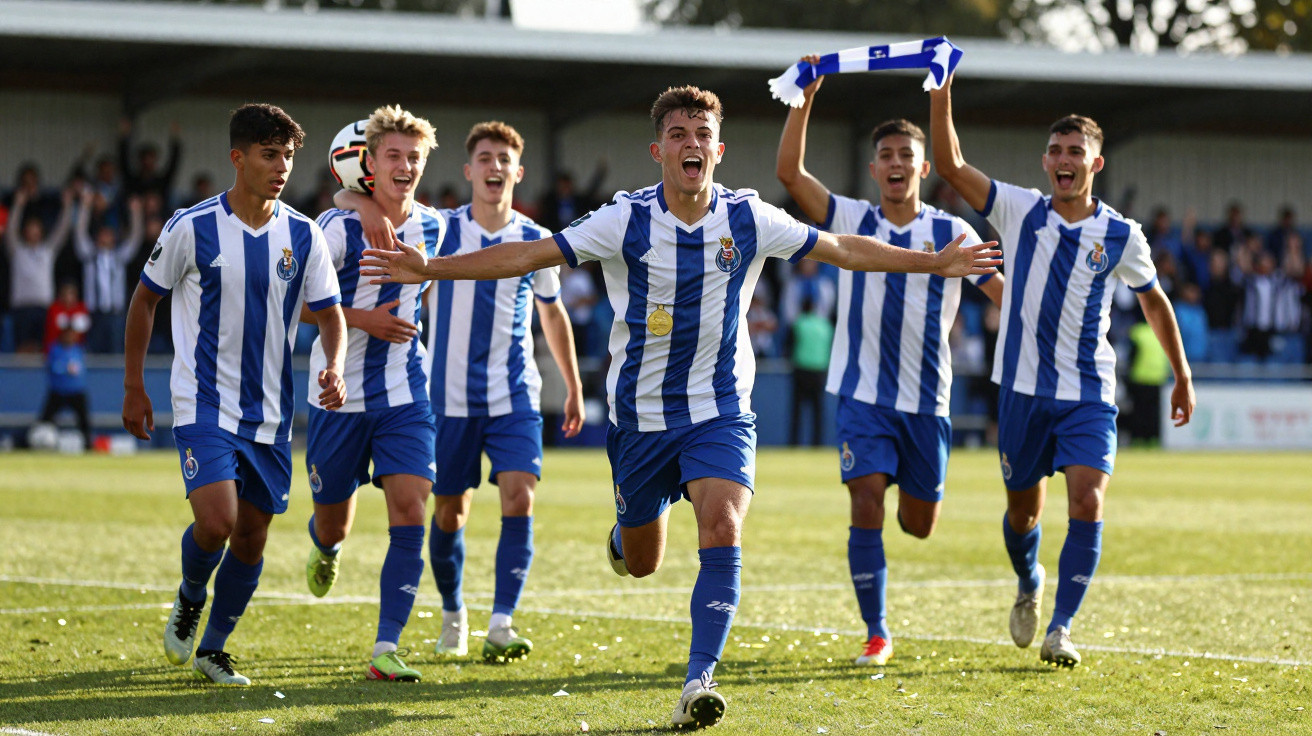 Jogadores de futebol do FC Porto comemoram triunfo em campo com medalha e cachecol, público ao fundo.