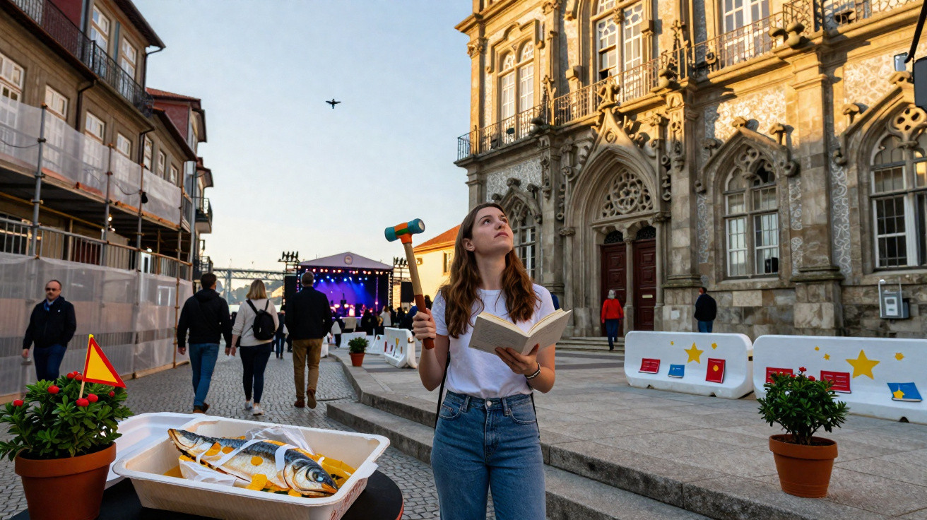 Mulher com livro e corneta junto a igreja antiga numa praça movimentada ao entardecer.