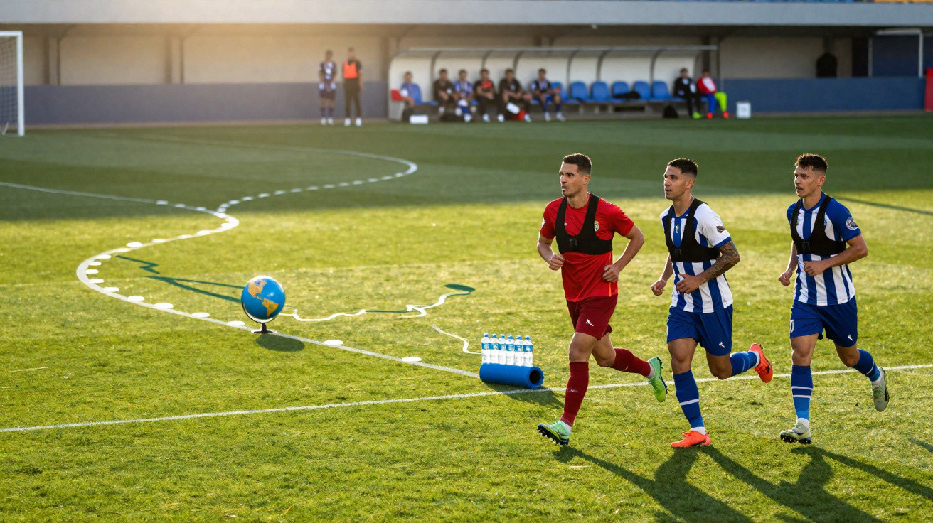 Três jogadores de futebol a correr no relvado junto à linha lateral durante treino no estádio.