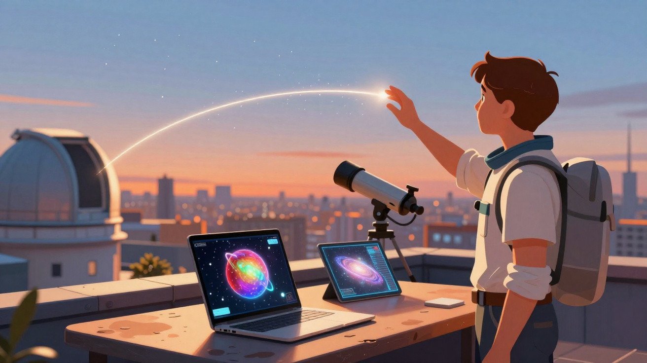Jovem observa o céu ao pôr do sol com telescópio e dispositivos digitais num terraço urbano.