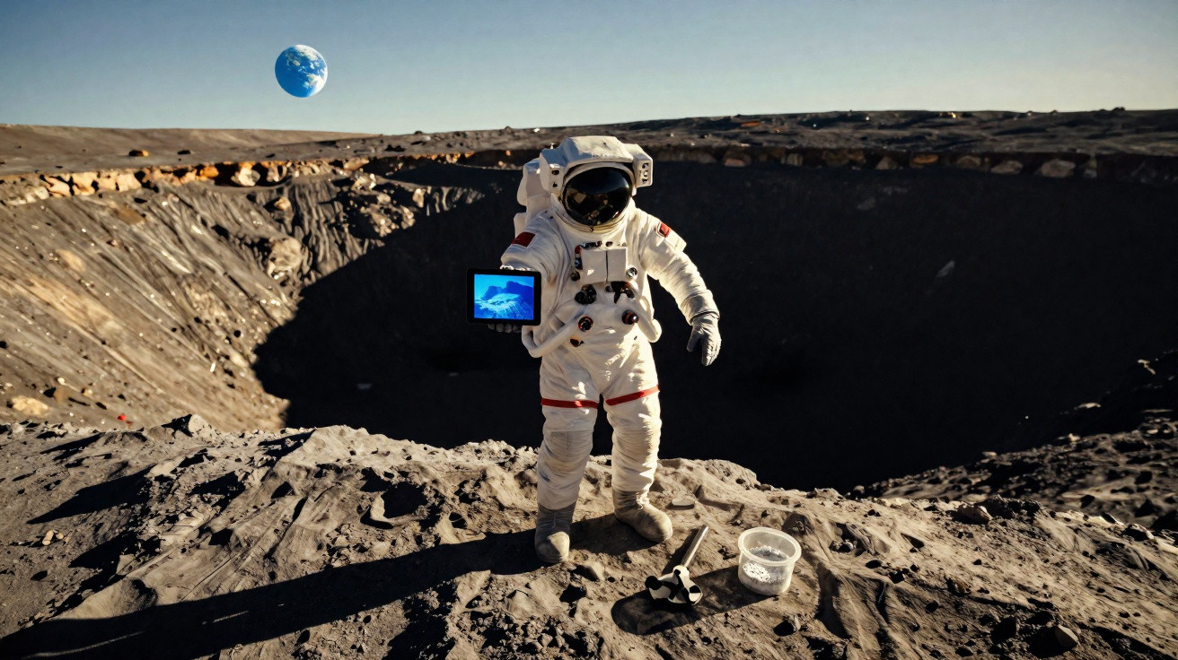 Astronauta em fato espacial branco na superfície lunar junto a ferramentas, com a Terra visível no céu.