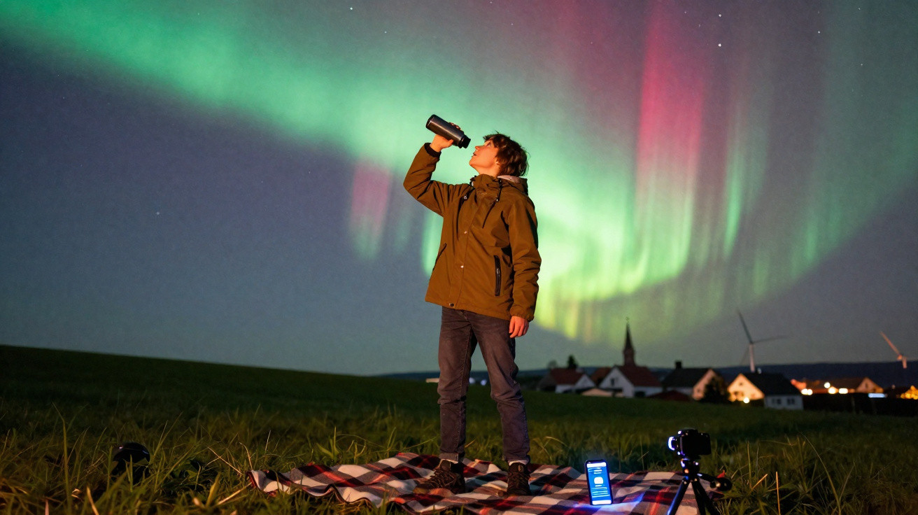 Criança a beber de uma garrafa sob a aurora boreal, num campo com manta, telemóvel e câmara fotográfica.